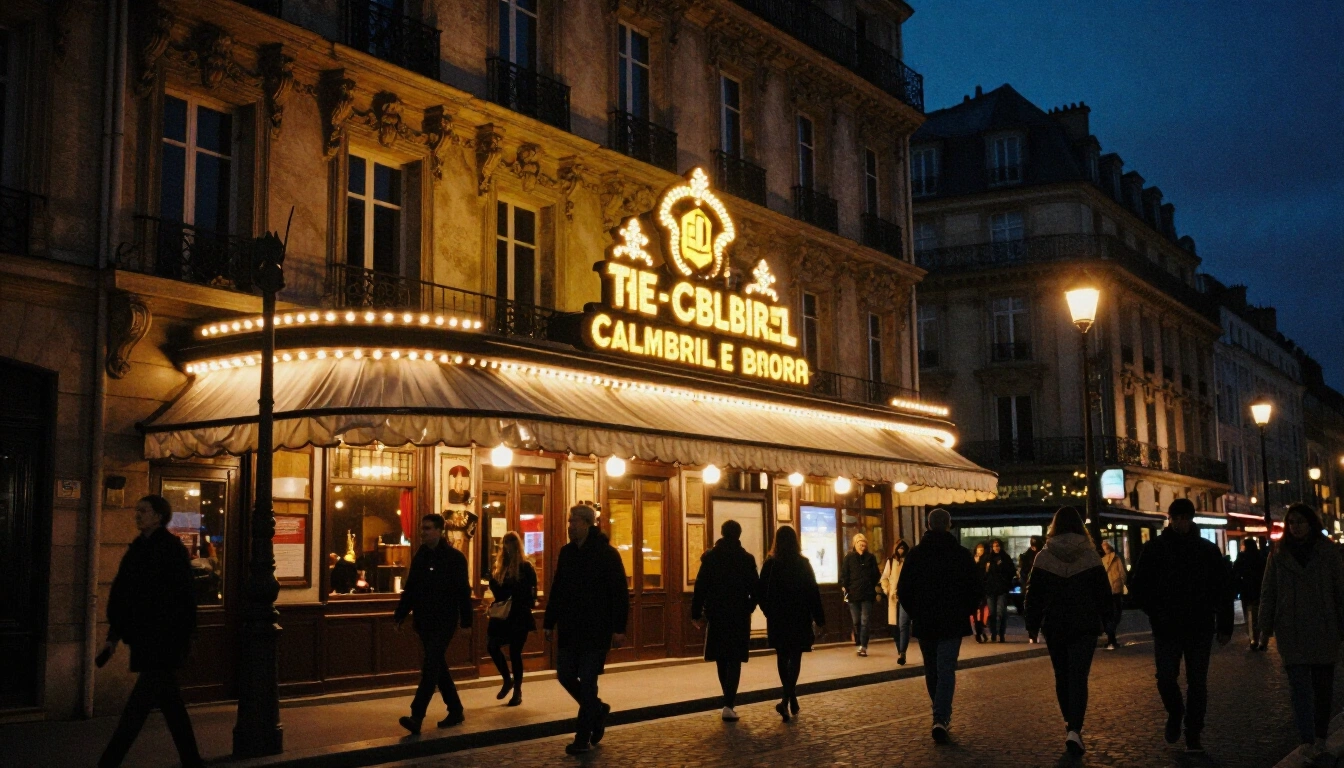 Façades de théâtres éclairées la nuit, enseignes lumineuses et passants