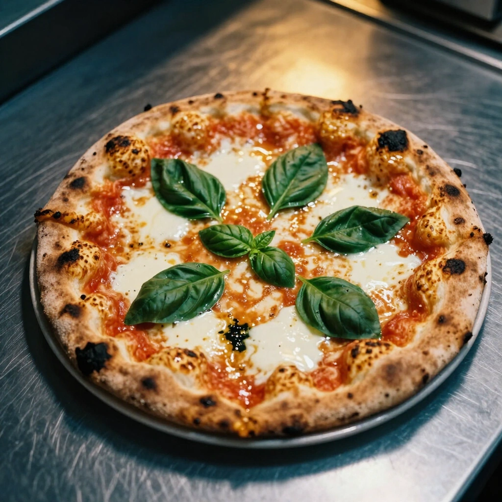 Margherita vue de dessus, basilic frais et bord charbonné par le four