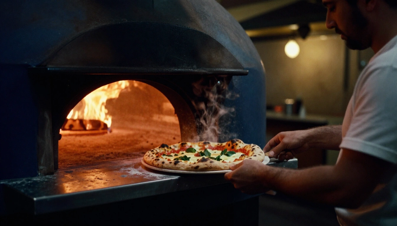 Pizzaiolo sortant une margherita du four à bois, la flamme éclairant la pâte
