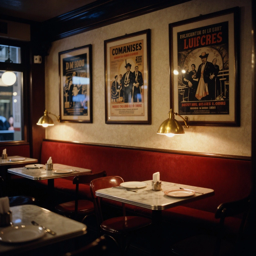 Salle du restaurant le soir, banquettes rouges et affiches de théâtre encadrées