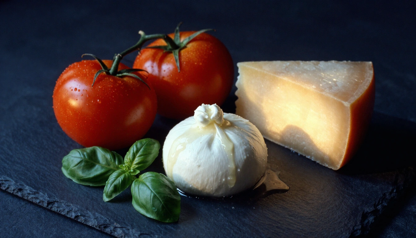 Tomates entières, mozzarella dans son petit lait, basilic et parmesan sur pierre sombre